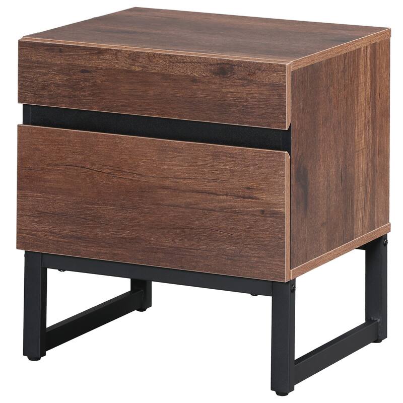 WAMPAT Modern Nightstand with 2 Drawers, Farmhouse BedsideTable with Black Square Iron Leg, Wood Rustic Side End Table