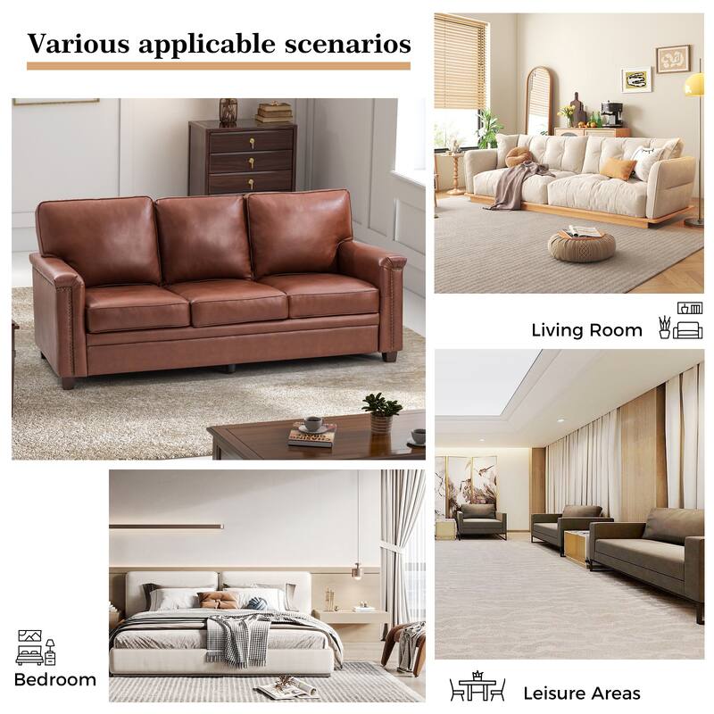 Rita Transitional Living Room 3-Seat Genuine Leather Nailhead Sofa with Solid Wood Legs and Removable Cushions