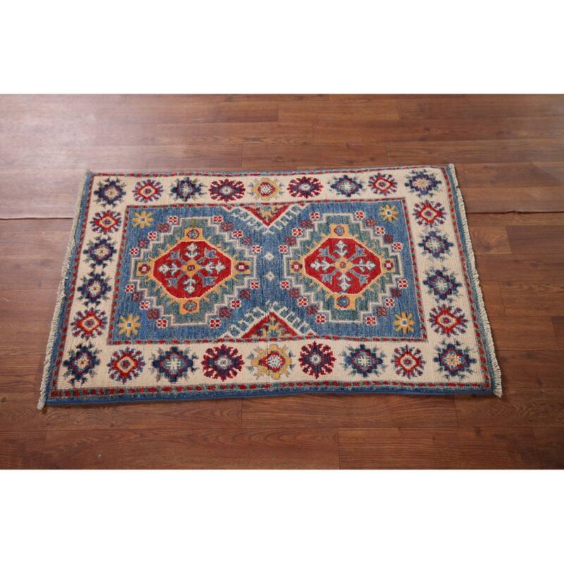 Blue Geometric Kazak Accent Rug Handmade Wool Carpet - 2'0" x 3'2"