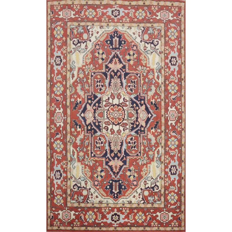 Hand Knotted Oriental 100% Wool Carpet Traditional Medallion Oranges & Rust Heriz (serapi) Area Rug - 9' 0'' X 6' 0''