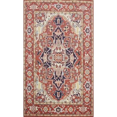 Hand Knotted Oriental 100% Wool Carpet Traditional Medallion Oranges & Rust Heriz (serapi) Area Rug - 9' 0'' X 6' 0''