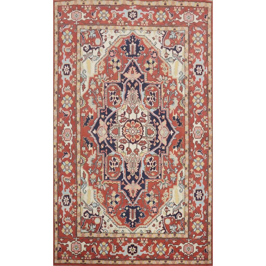 Hand Knotted Oriental 100% Wool Carpet Traditional Medallion Oranges & Rust Heriz (serapi) Area Rug - 9' 0'' X 6' 0''