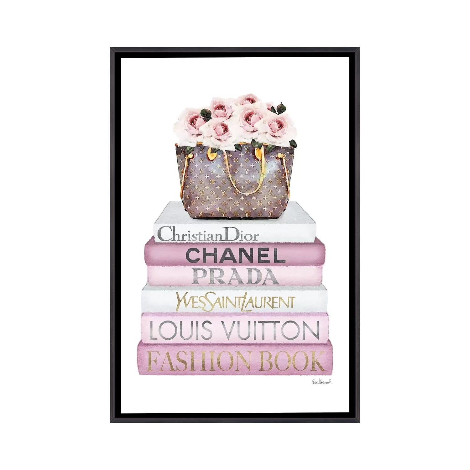 Pink Tone Books, Bag With Roses - Canvas Art Print