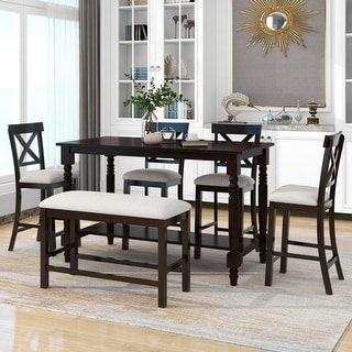 6 Piece Bar Height Dining Table Set with Storage Board, 4 Chairs and Dining Room Bench, Living Room Casual Coffee Table