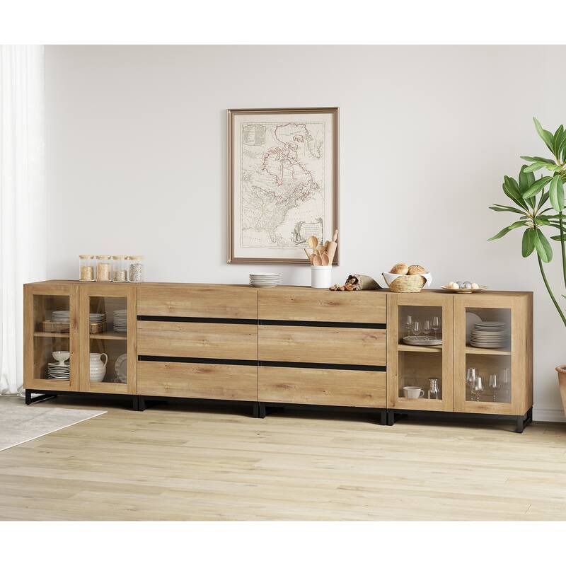4 in 1 Modern Sideboard with Glass Doors and 6 Drawers Adjustable Shelves Coffee Bar Storage Cabinet for Living Room, Kitchen - 126 inches - Oak
