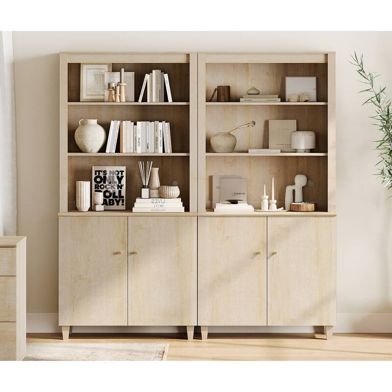 WAMPAT Modern 71" Tall Bookcase with Cabinets, 2 Column 5 Tiers - Light Oak