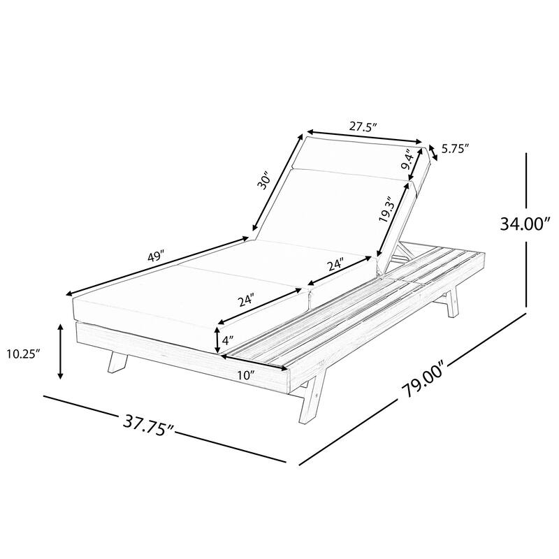 Outdoor Patio Acacia Wood Chaise Lounge Chair with Adjustable Backrest, Side Open Storage and Water-Repellent Cushions