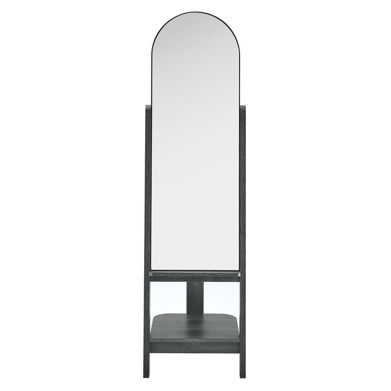 Lewis Modern Black Wooden Standing Arched Mirror with Shelf and Hooks
