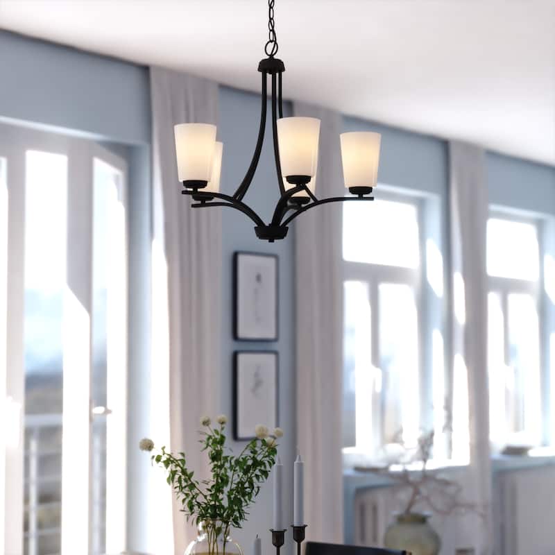 VAXCEL River Grove 5-Light Matte Black Chandelier, Frosted White Glass Shades, Adjustable Height Hanging Ceiling Fixture