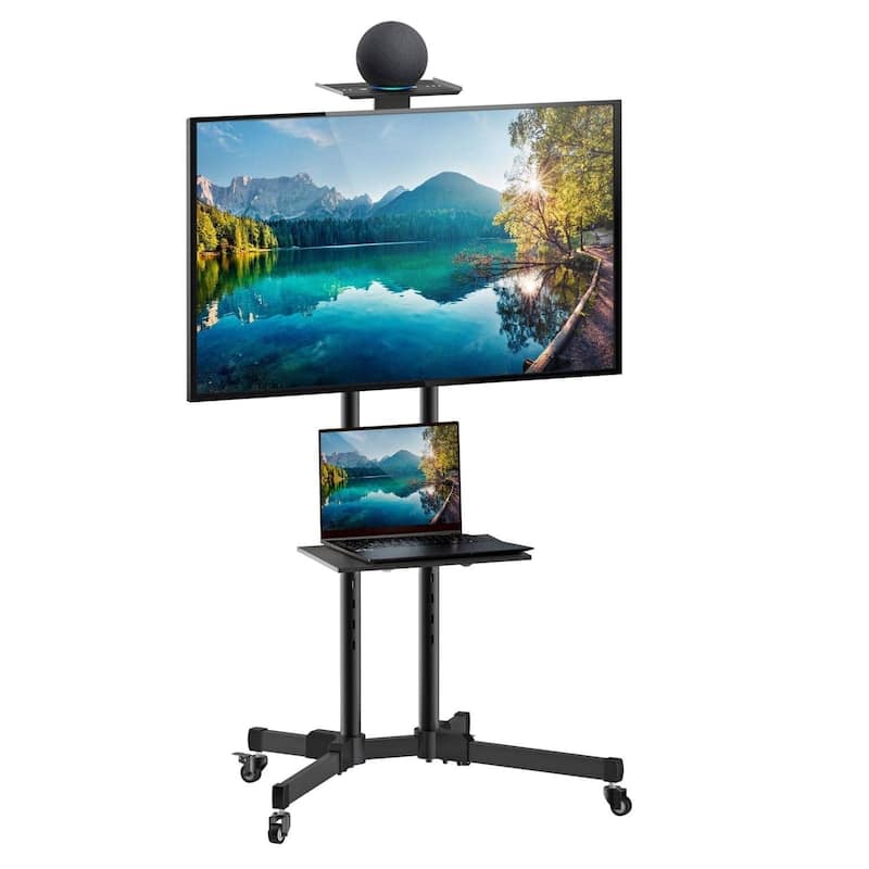 Mount-It! TV Cart Mobile TV Stand Wheeled and Height Adjustable with Rolling Casters and Shelf - Black
