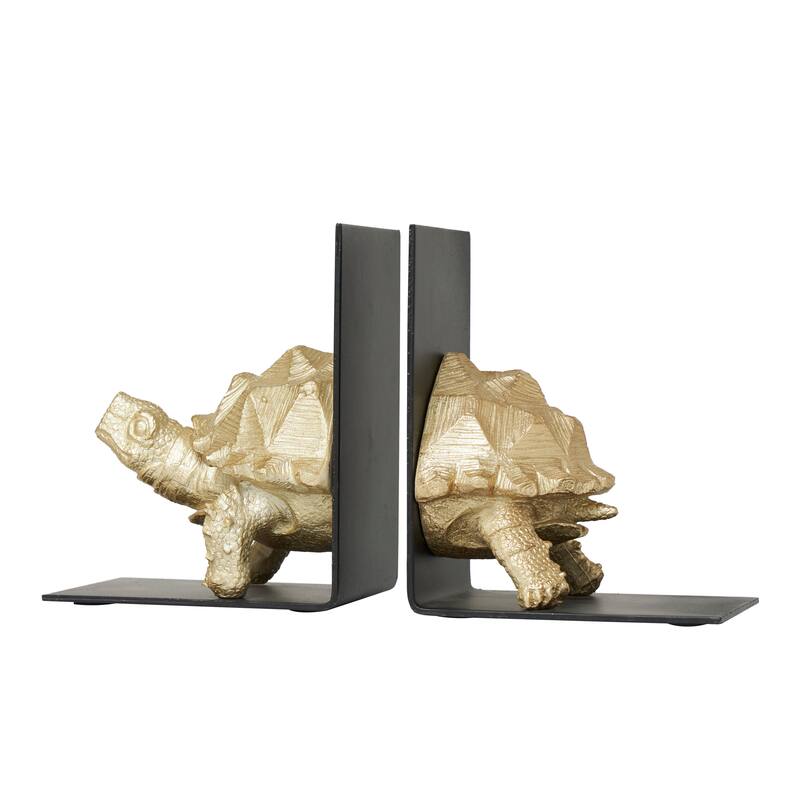 CosmoLiving by Cosmopolitan Brass Polystone Turtle Decorative Bookends with Black Stands (Set of 2)