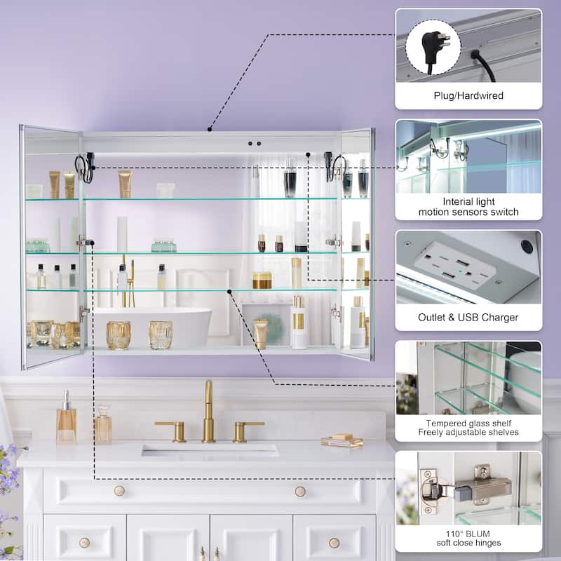 Recessed or Surface 30" H LED Mirror Cabinet with Adjustable Glass Shelves,Defogger, Dimmer And Outlets & USB Ports