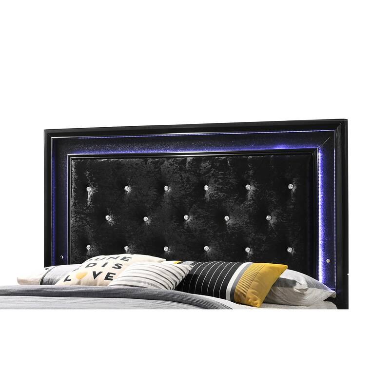 Queen Size LED Panel Bed with Black Finish and Upholstered Headboard