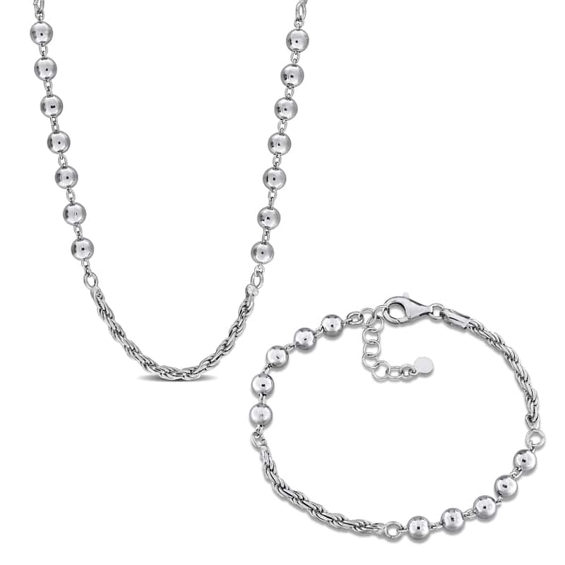 Miadora Sterling Silver Rope and Ball Chain Necklace and Bracelet Set - White