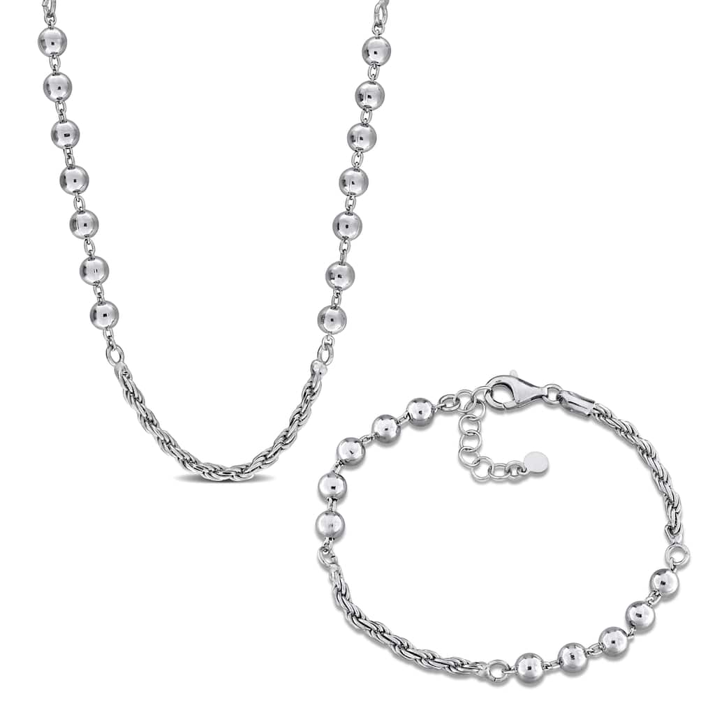 Miadora Sterling Silver Rope and Ball Chain Necklace and Bracelet Set