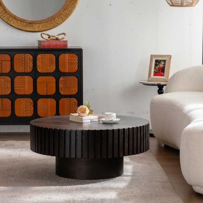 31.5" Round Coffee Table for Living Room, Modern Wood Coffee Table with Sturdy Pedestal, Circle Center Table Accent Tea Table