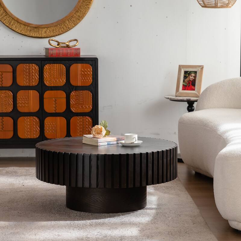 Modern Round Coffee Table Stylish Coffee Table Olive Shaped Coffee Table with Handmade Relief and Base, for Living Room
