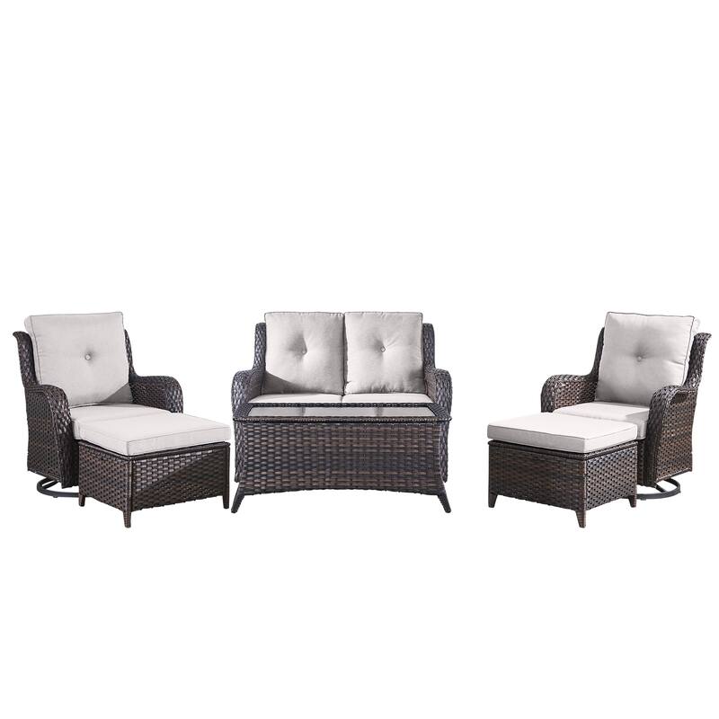 Pocassy Outdoor 6 Pieces 2-Seat Sofa Swivel Chairs Table Ottoman