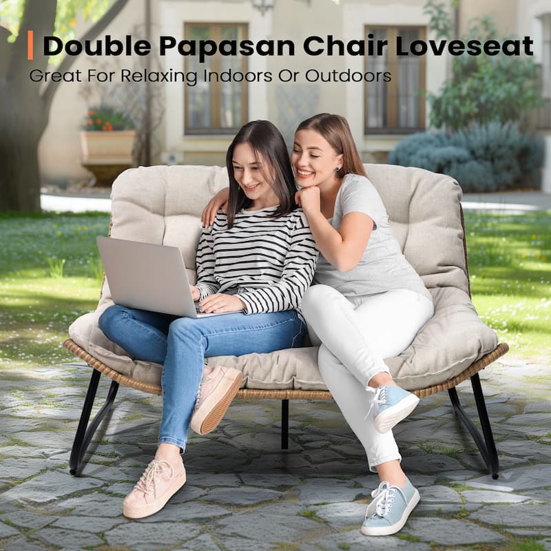 Double Papasan PE Rattan Chair Loveseat with Cushion For Indoor Outdoor