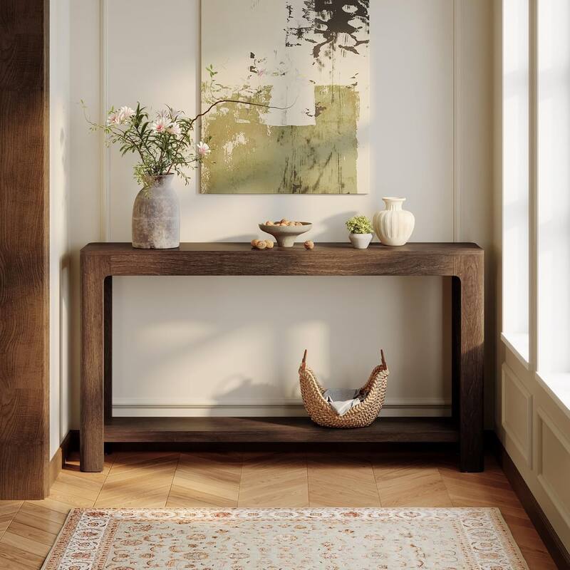 63 Inch Entryway Console Table, 2-Tier Farmhouse Sofa Table Behind Couch