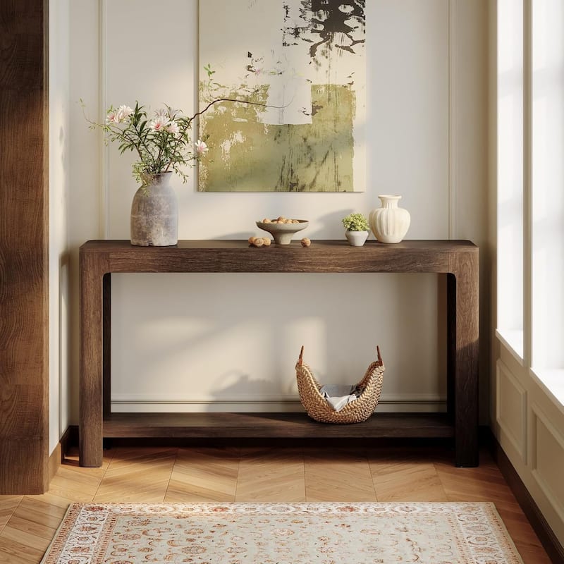 63 Inches Brown Engineered Wood Console Table, 2-Tier Behind Couch Sofa Table for Living Room - 62.99" L x 13.77" W x 31.49" H