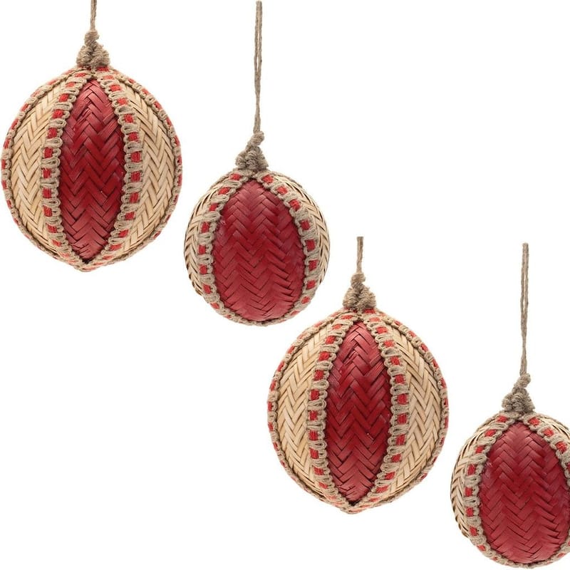HomeRoots Set of Four Red And Natural Woven Bamboo Ball Ornaments