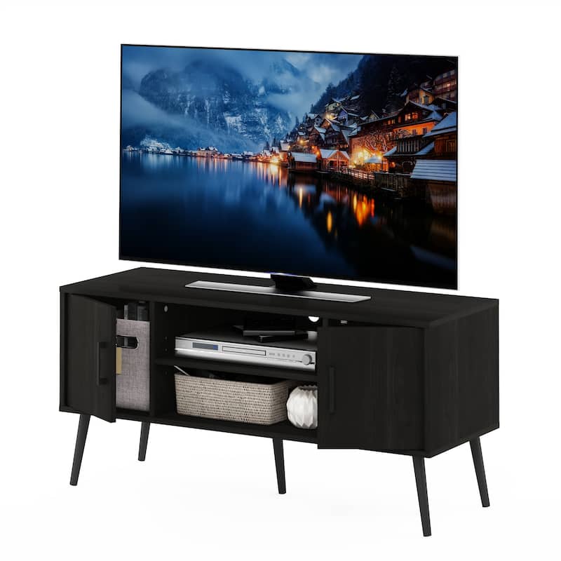 Furinno Claude Mid Century Style TV Stand with Wood Legs, Two Cabinets