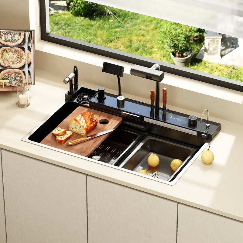 29.4 Inch Smart Kitchen Sink Workstation with LED Display, Multi-Function Faucet, Cutting Board & Drain Control