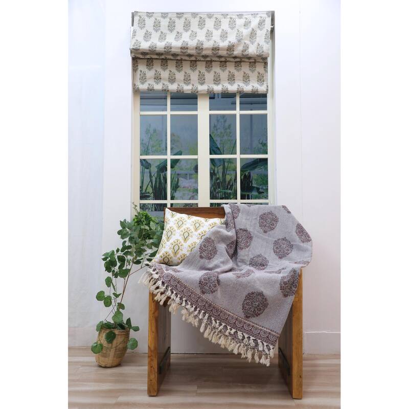 Fabdivine Guldasta Handcrafted Cotton Blanket - Floral Print Throw for Living Room, Bed, or Sofa with Hand-Tied Fringe, 90"x54"