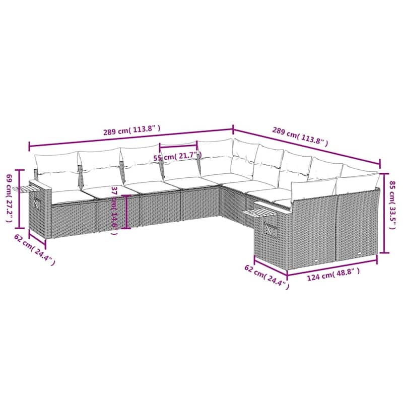 vidaXL Patio Sofa Set with Cushions Outdoor Conversation Furniture Poly Rattan - 24.4 x 33.5 x 27.2 in