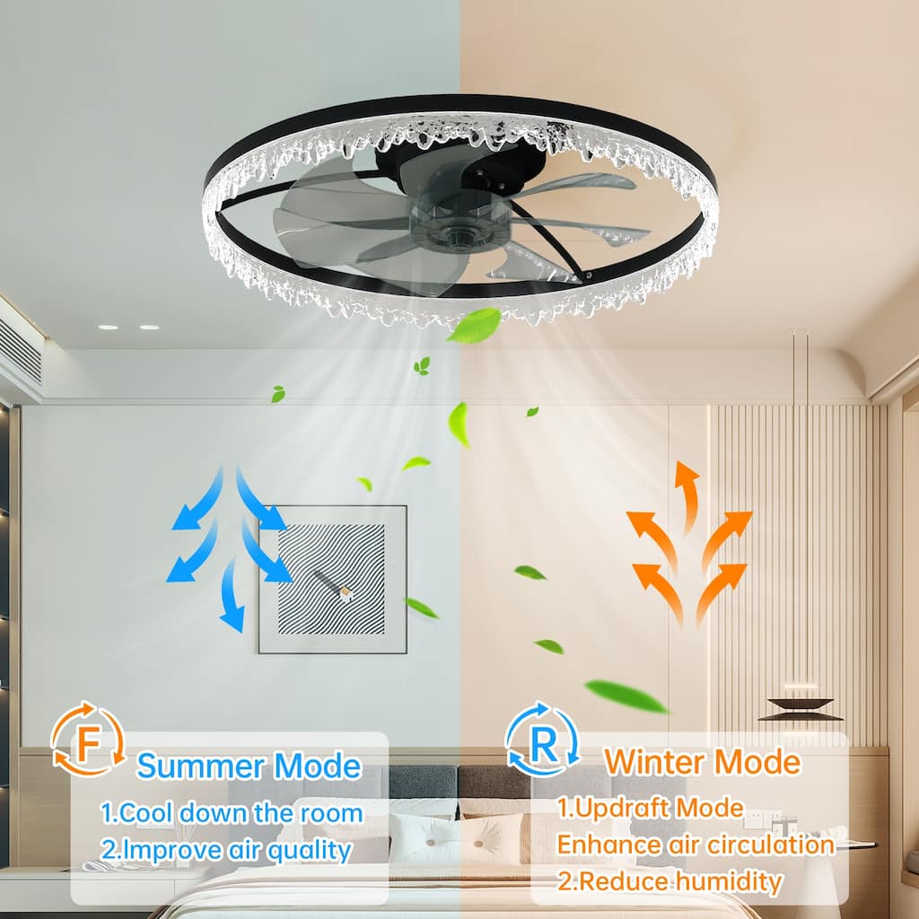 24"/20"/16" Crystal Ceiling Fan with Light, Flush Mount LED Chandelier Fan Round Ceiling Light for Bedroom Living Room
