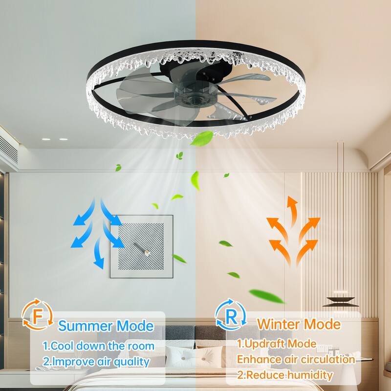 LunaDrift 16"20"24" Modern Black Crystal Smart Flush Mount Ceiling Fan with Light, Dimmable Bedroom Ceiling Fan w/Remote