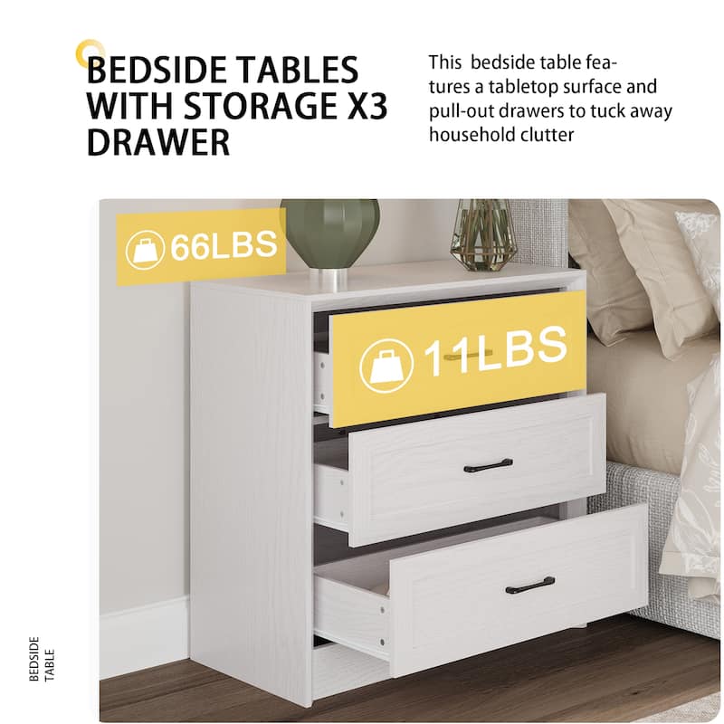 Modern 3-Drawer Wood Dresser for Bedroom, Wide Storage Chest with Metal Handles, Nightstand Cabinet