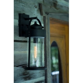 VAXCEL Cumberland 19.75 in. H 1-Light Rust Iron Dusk to Dawn Sensor Rustic Outdoor Wall Sconce, Steel, Clear Seeded Glass Shade