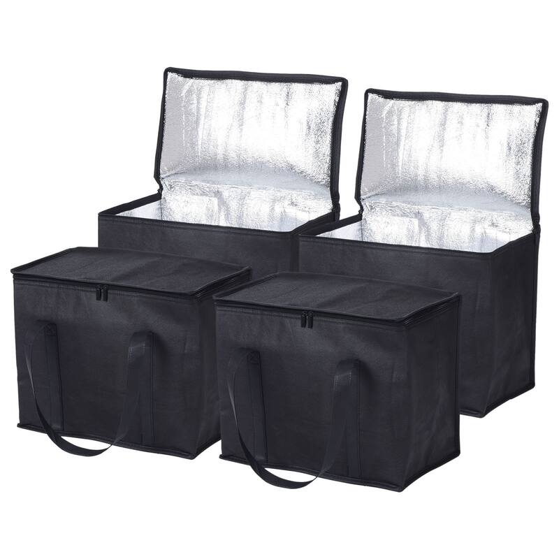 4Pcs Insulated Reusable Grocery Bag Food Delivery Bag with Zipper 16x10x13" - Black