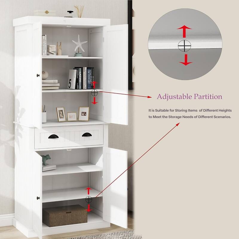 71" 4-Doors Kitchen Pantry with Drawer and 2 Adjustable Shelves