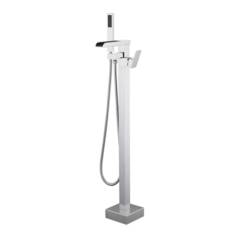Bathroom Freestanding Waterfall Tub filler Matte Black Floor Mount Faucet with Hand Shower - Chrome