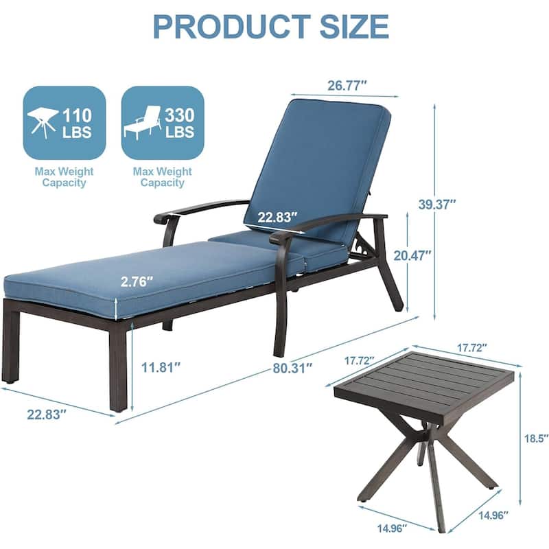 HOMEFUN 3-Piece Outdoor Aluminum Reclining Chaise Lounge (set of 2)with Table and Cushions