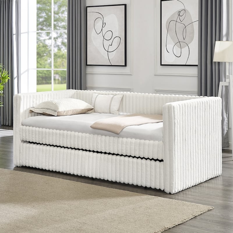 Striped Corduroy Fabric Twin Size Daybed Upholstered Bed