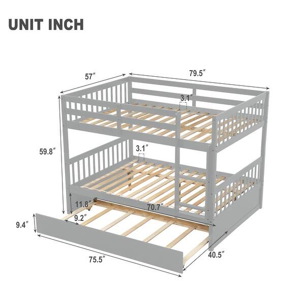 dimension image slide 1 of 2, Convertible to 2 Full Size Platform Bunk Bed with Ladder Trundle and Safety Rail,Grey