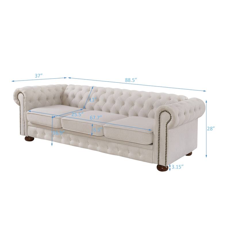 Chesterfield Sofa, 88.5" Upholstered Sofa Couch with Low Back, Roll Arm Nailhead Trim Classic 3 Seater Sofa for Living Room Home