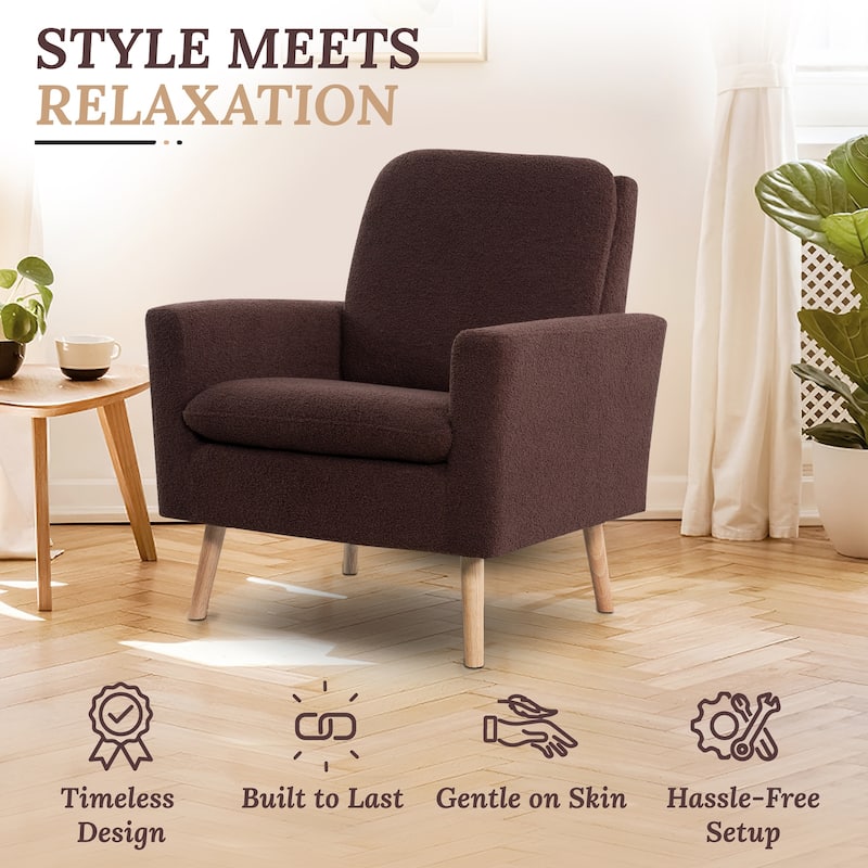 Mid-Century Accent Chair, Wooden Frame Armchair with Soft Teddy Fleece
