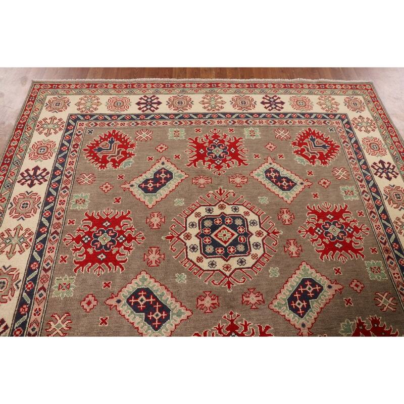 Geometric Kazak Oriental Square Area Rug Hand-Knotted Wool Carpet - 6'8" x 6'6"