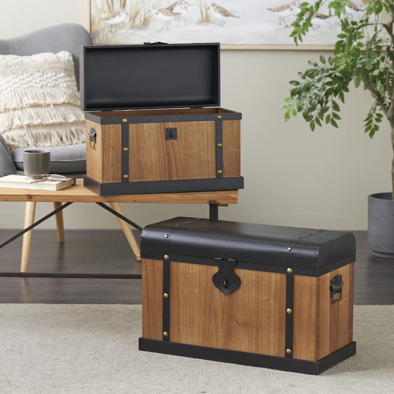 Wooden Storage Decorative Trunk with Black Metal Tops and Gold Studs - Set of 2 Brown - Roche River Decor