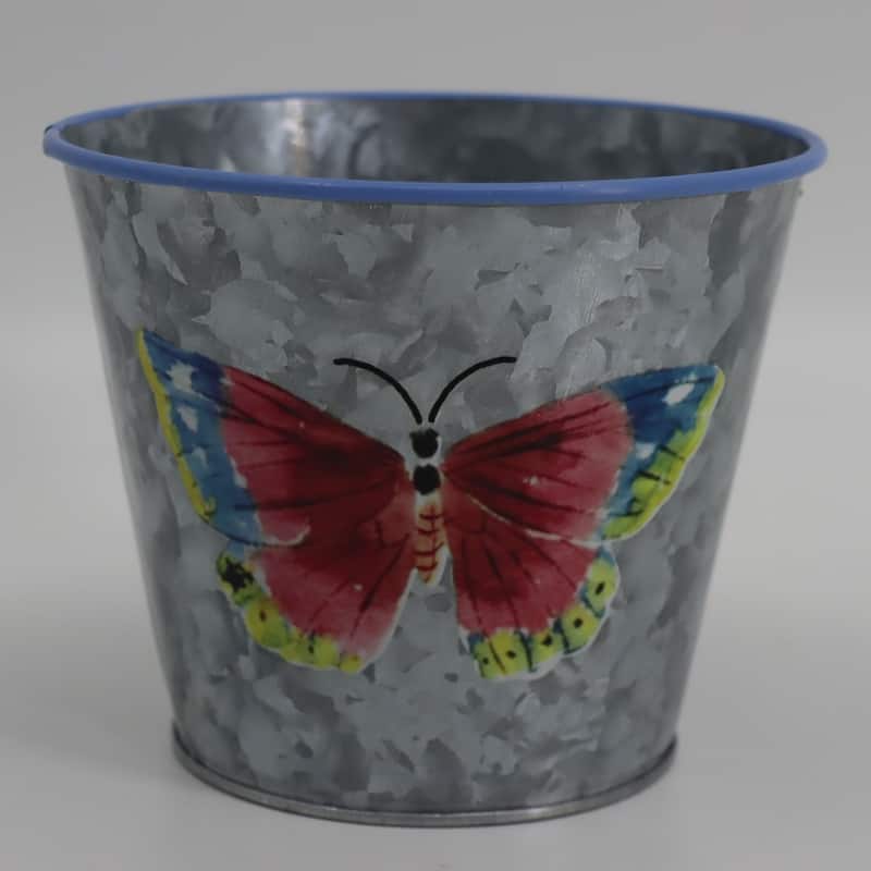 Silver With Multi Colored Butterfly Design Metal Planter