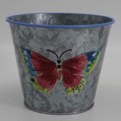 Silver With Multi Colored Butterfly Design Metal Planter