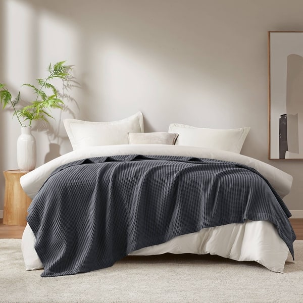 Madison Park Waffle Weave Cotton Blanket - King - Dark Grey
