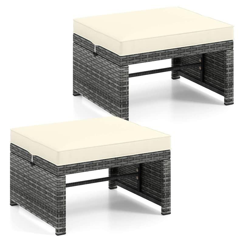 Costway Patio Ottomans Set of 2 PE Rattan Footstools with Removable - See Details - White