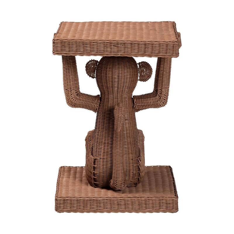 Miyoco Monkey End Table - Handwoven Rattan Sculptural Accent Side Table with Platform Base