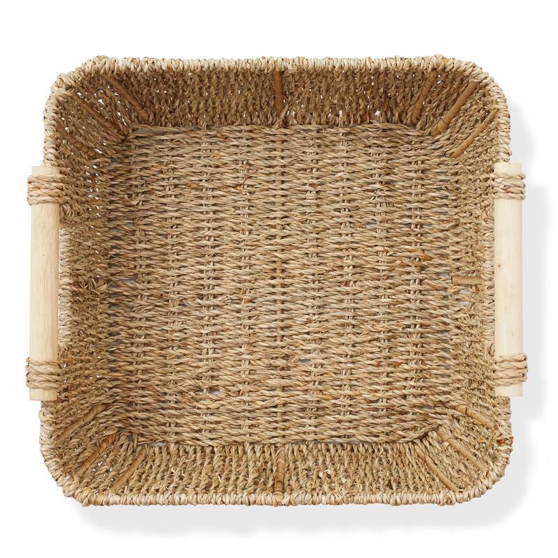 Hyacinth Seagrass Oval Storage Baskets with Wooden Handles Woven Bins
